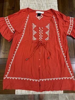 Urban Mangoz Boho Embroidered Tunic Top Rust Orange-M - EUC